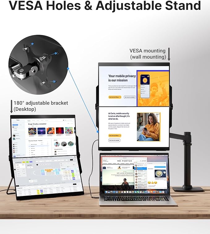 Ingnok 15.6" Dual Monitor, FHD 1080P 100% sRGB Laptop Screen Extender for Windows Mac, with 4 Speakers, 2 HDMI USB C Ports, for Office Gaming Triple Monitor