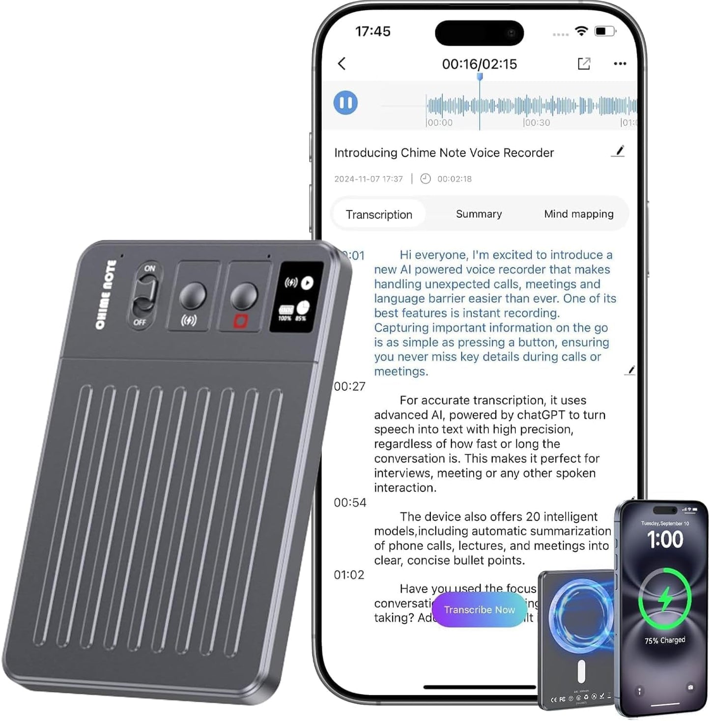 AI Voice Recorder - 64GB Voice Recorder with Free Transcribe & AI Summary by ChatGPT, APP & Web Control, 121 Languages, Wireless Charging, for Meetings/Calls (Grey)
