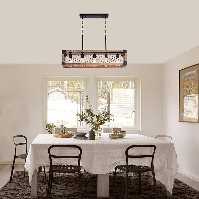 Airposta Kitchen Island Lighting, 33.5-Inch 5 Lights Farmhouse Linear Chandelier for Dining Room Pool Table Pendant Light Fixture, Rustic Wood Grain Finish, Industrial Pendant Light