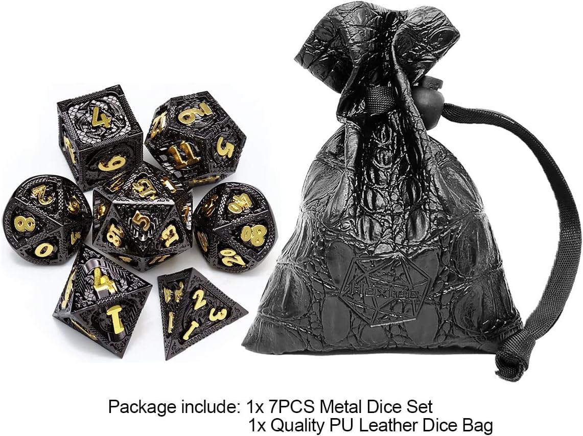 Haxtec Metal DND Dice Set Black Gold Metal D&D Dice with Fire-Breathing Dragon Elements & Leather Dice Bag Polyhedral Dice Compatible with Dungeons and Dragons TTRPG Gifts
