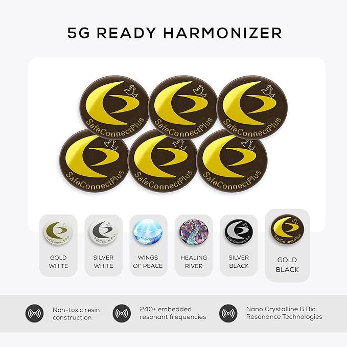 Pack of 6 EMF Stickers for Cell Phone- 5G Ready Harmonizer Stickers Proudly Made in USA for Cell Phones, Laptops or Tablets- EMF mega Shield for All Electronic Devices (Gold-Black)