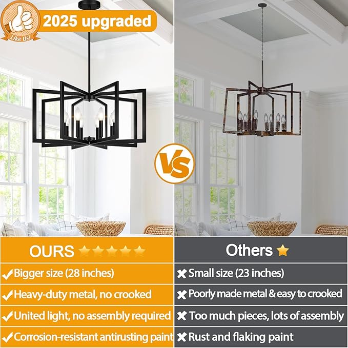 28" Modern Matte Black Chandelier for Dining Room, No Assembly Required Black Dining Room Light Fixture Over Table, Industrial Metal Hanging Pendant Lights Fixture for Kitchen Island, Entryway, Foyer
