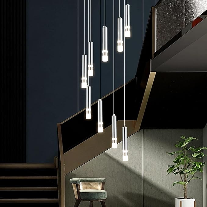 9-Light Modern Pendant Light Fixture Dimmable LED 54W Chrome Staircase Large Chandelier Lobby Living Room Bedroom Foyer High Ceiling Chandelier