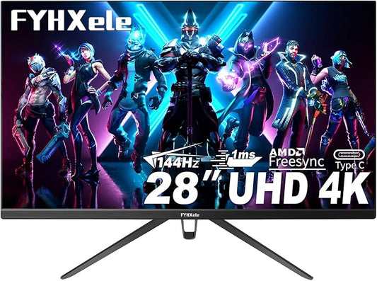 28 Inch 4K UHD Gaming Monitor 144Hz 1ms，IPS Monitor with HDR400, 100% sRGB， AMD FreeSync/G-Sync，PC Monitor for Gaming,Office,Type-C/HDMI/USB，Built-in Speaker，VESA Mount, Bluelight Filter
