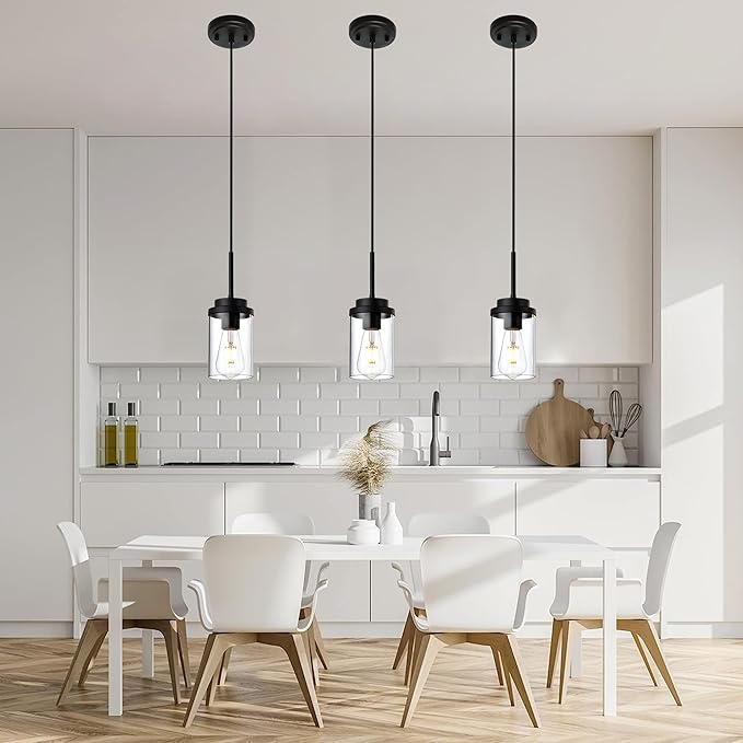 MELUCEE 3 Pack Hanging Pendant Lighting Fixtures Black, Adjustable Hanging Ceiling Lamp with Clear Glass Shade, Modern Pendant Light for Kitchen Island Dining Room Bedroom Hallway