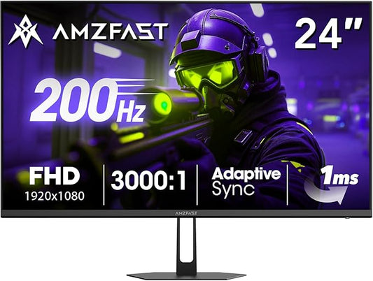 Amzfast 24 Inch Gaming Monitor 180Hz 200Hz FHD 1080p Computer Monitor, 1ms Adaptive Sync, 3000:1, 129% sRGB HDR Display, Eye Care VESA 75x75 Metal Stand HDMI 2.0 | DP 1.4, AMZG24X1