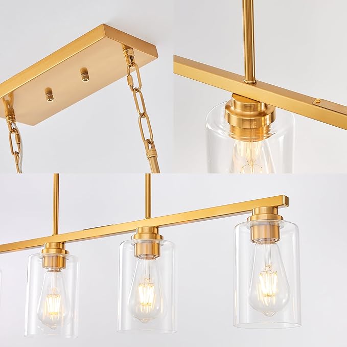 Island Light for Kitchen, Brushed Gold Dining Room Light Fixture Over Table, 5-Light Linear Chandelier Pendant Lighting for Dining Table Kitchen Island Living Room