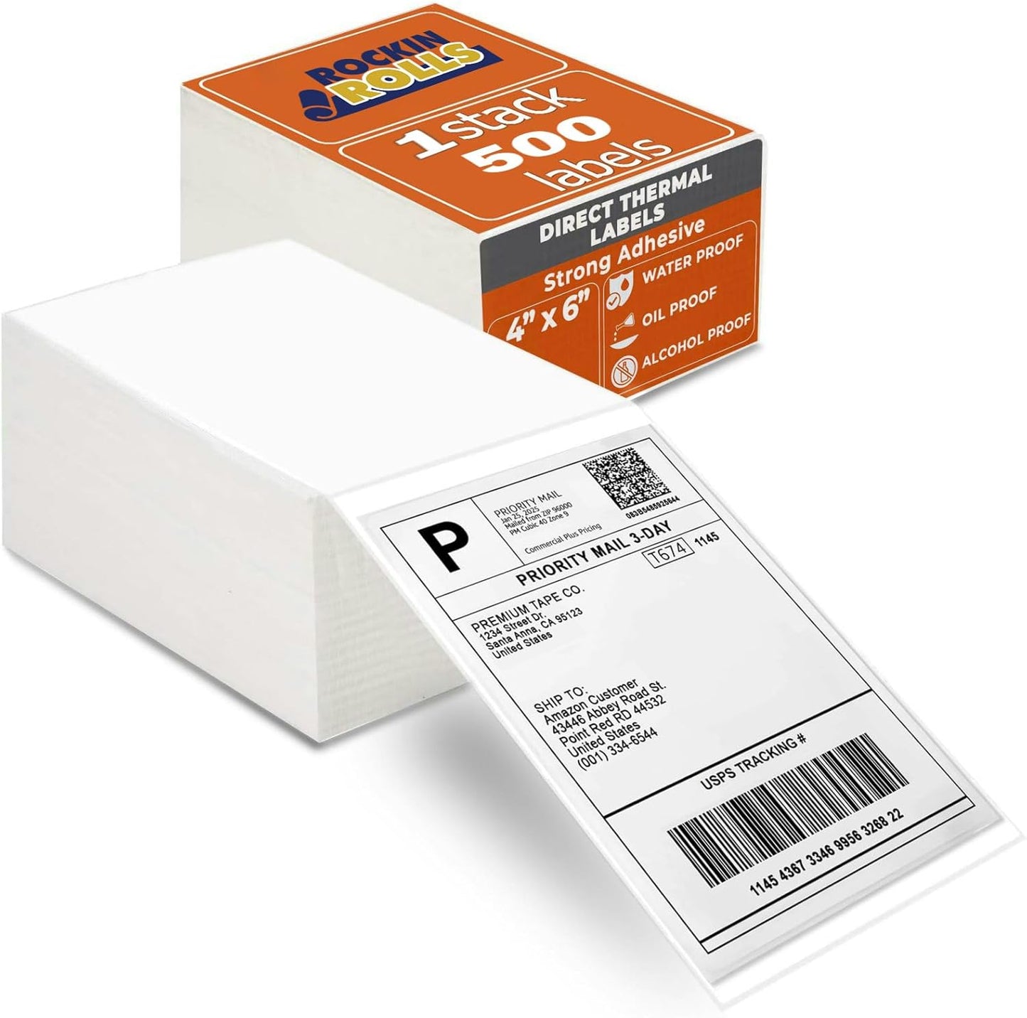 Rockin Rolls Direct Thermal Shipping Labels - Pack of 500-4x6 Thermal Labels Fanfold, Thick, Commercial Grade, Waterproof, Smudge Proof Mailing & Address Labels, Perforated & Strong Adhesive
