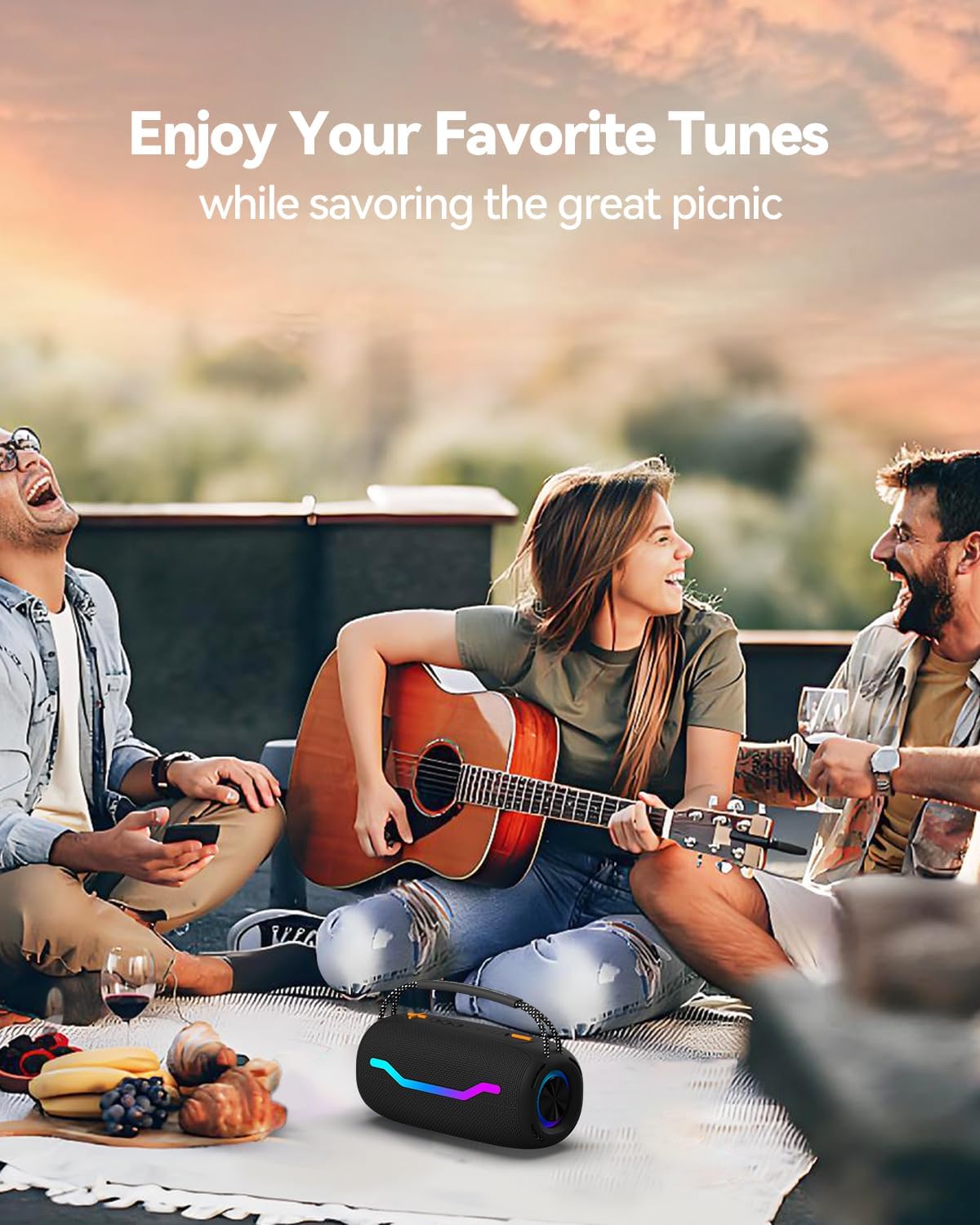 Portable Bluetooth Speaker with Light, Loud Sound and Deep Bass, IPX6 Waterproof, Up to 18H Playtime, TWS Pairing, Support Bluetooth/AUX/USB/TF Card for Home, Party, Outdoor and Travel (Black)