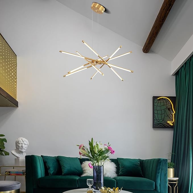 Modern Gold Chandelier, 12-Light LED Linear Pendant Light Fixture, Dimmable Gold Chandeliers for Dining Room, Living Room, Bedroom, Kitchen Island