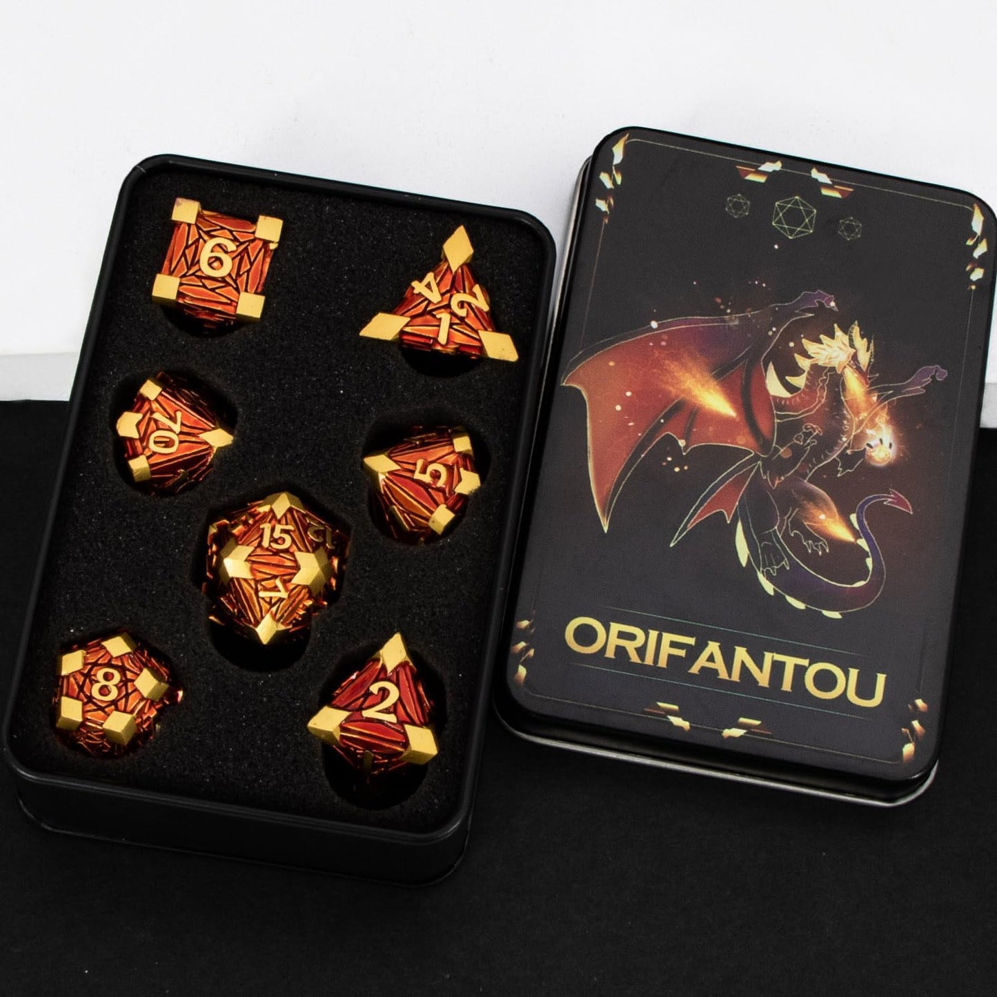 Metal DND Dice Set Golden Red Debris RPG D and D Dice for use with D&D Tabletop Games Role Playing Game Polyhedral Dice Set with Box D20 D12 D10 D8 D6 D4
