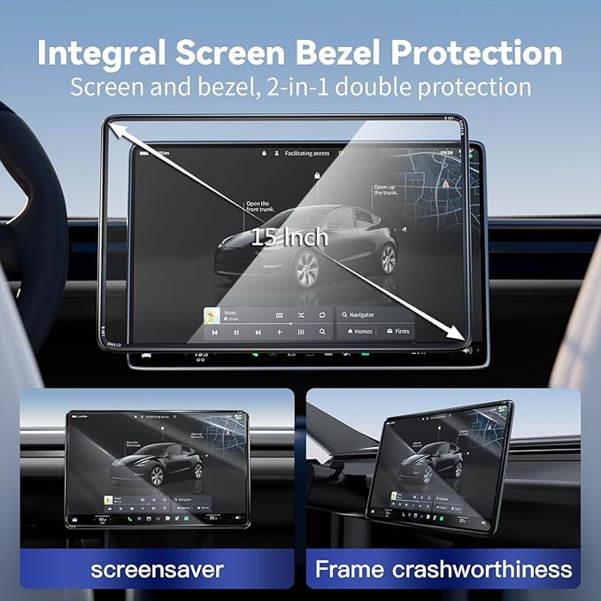 Tesla Model 3 Screen Protector for Tesla Model Y (2021-2024) & Model 3 (2021-2023) 15 Inch, No Bubble Tempered Glass Case with Protective Frame, HD & 9H Anti-Scratch, Black