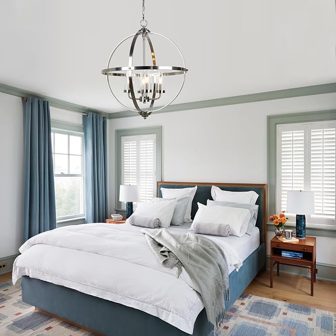 Treekee 20'' Globe Chandelier Brushed Nickel Chandeliers, 4-Light Modern Orb Chandelier, Luxurious Hanging Light Fixture with Glass Shade, Pendant Light for Dining Room Entryway Living Room
