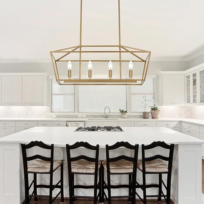 4-Light Gold Kitchen Island Lighting Over Table, Modern Lantern Cage Chandelier Pendant Light Fixture with Height Adjustable, E12 Bulb Base