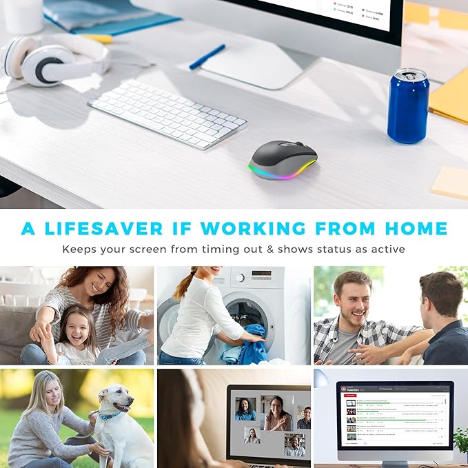 PEIOUS Wireless Mouse Jiggler - LED Wireless Mice with Build-in Mouse Mover, Rechargeable Moving Mouse for Laptop with Undetectable Random Movement Keeps Computers Awake - Black & Grey