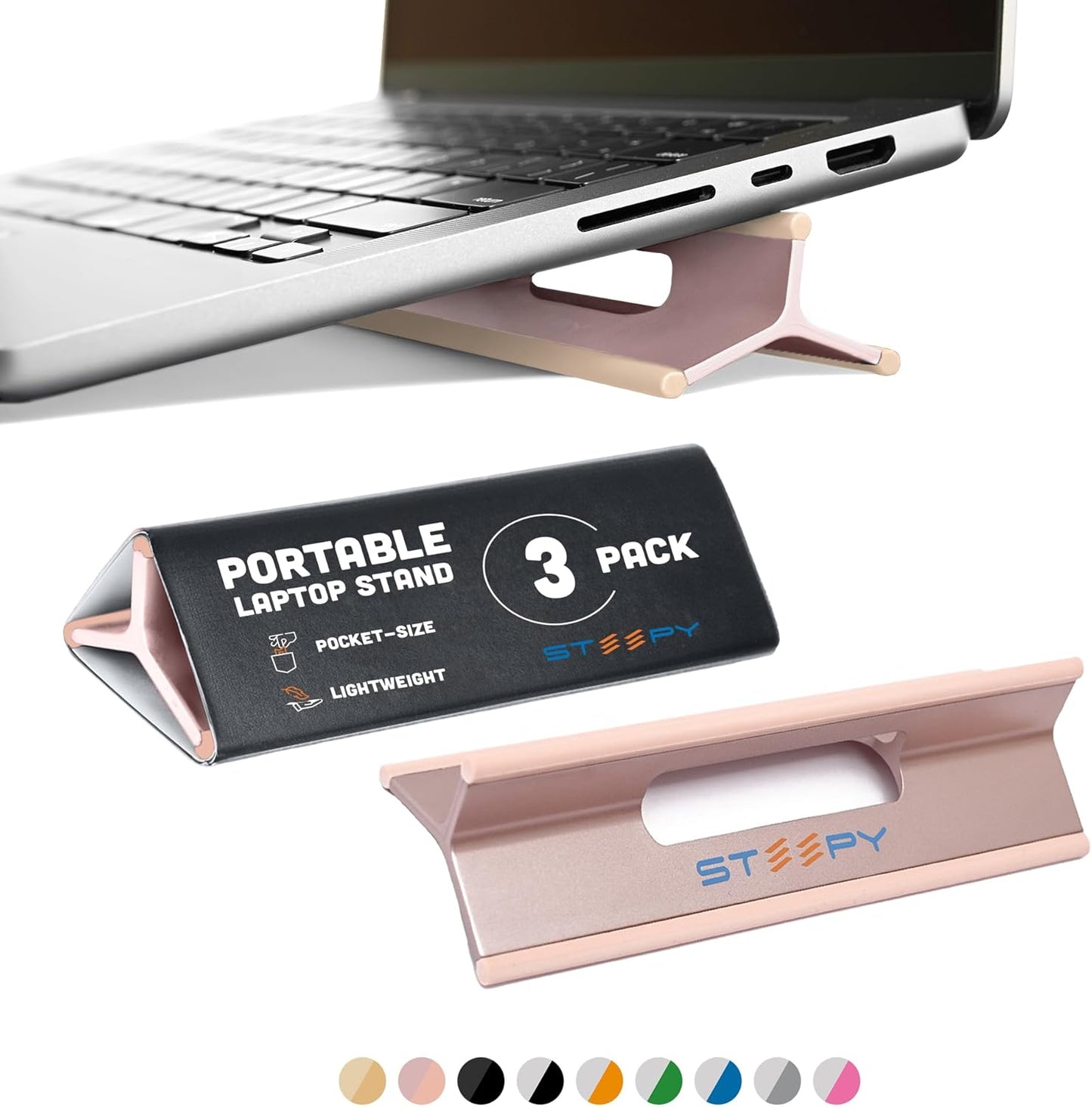 Steepy Adjustable Laptop Stand for Desk - 3 Heights Computer Riser - Portable With Adjustable Height