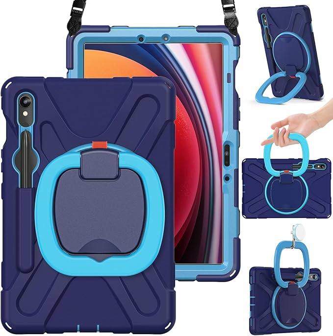BRAECN Kids Case for Samsung Galaxy Tab S10 Lite/S10 FE 2025 & S9 FE/S9 2023 10.9"/11" | Heavy Duty Shockproof Silicone Cover with Rotating Handle, Shoulder Strap, Kickstand & S Pen Holder, Navy Blue