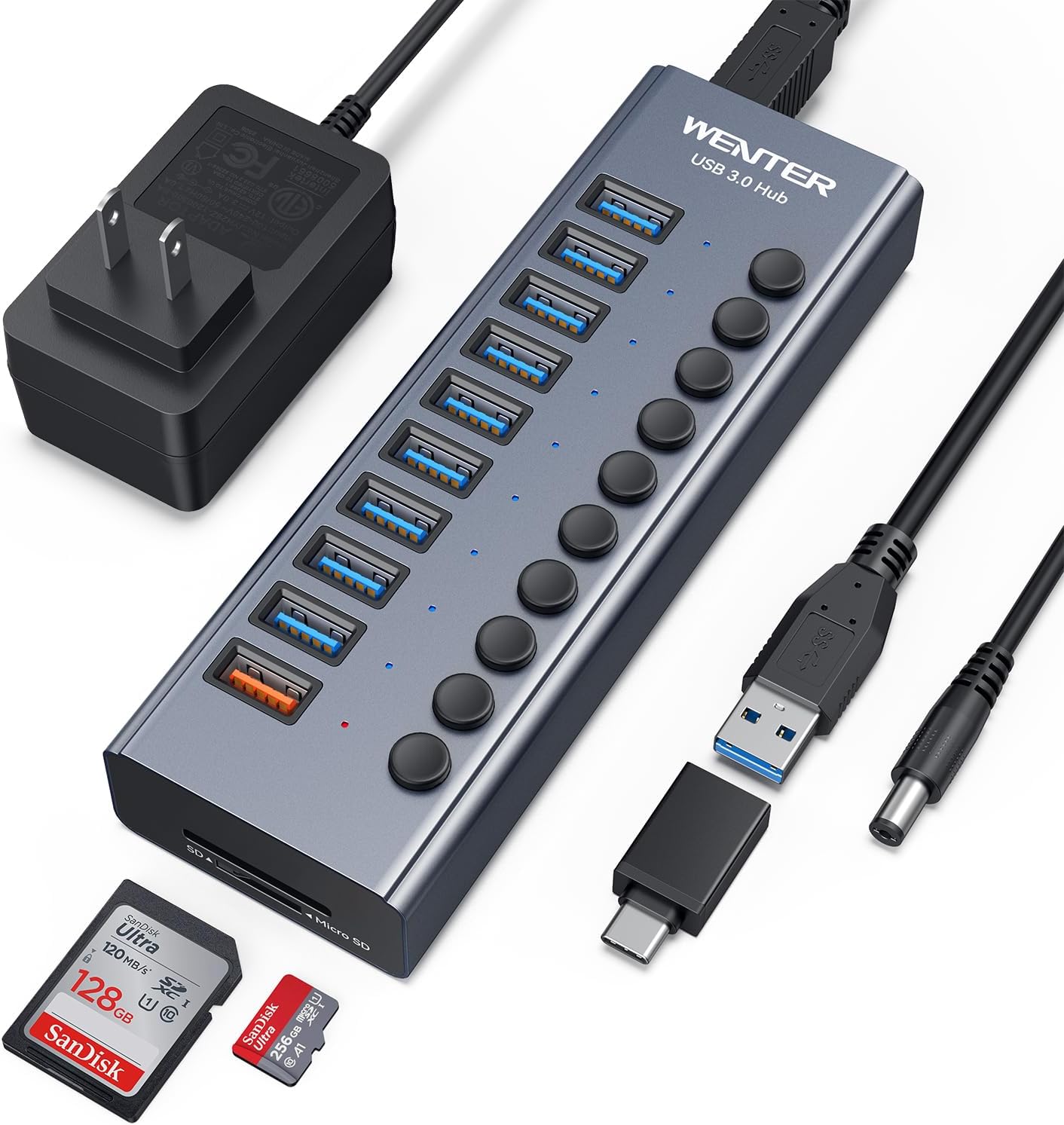 WENTER Powered USB Hub 3.0 with SD/TF Card Reader, Aluminum 10 Port Powered USB Hub (9 USB 3.0 Data Transfer Port & 1 USB Fast Charging Port Hub) USB 3.0 Hub for PC, Laptop