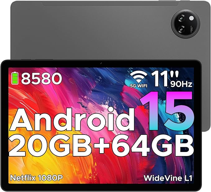 DOOGEE Tab A9+ 11 inch Tablet with 90Hz,8580mAh,20GB+64GB/2TB Octa Core Android Tablet,7.9mm Ultra Thin Gaming Tablets,13MP+5MP,Dual Speakers,Bluetooth 5.0,Face ID,5G WiFi,FM,Widevine L1,GPS,Gray