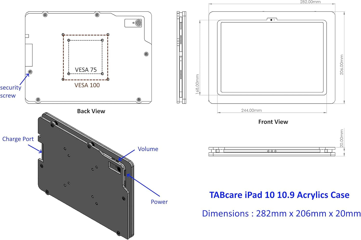 TABcare Anti-Theft Acrylic VESA Enclosure for Apple iPad 10 10.9" 2022, iPad 11" 2025 with Free Wall Mount Kit & 90-Degree Angle USB C Charge Cable (Clear)