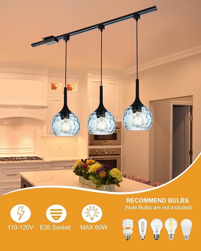 VINLUZ 3 Pack Pendant Light with Blue Round Ribbed Glass Shade, H-Type Track Lighting Fixture Farmhouse Chandelier for Dining Room in Black Finish