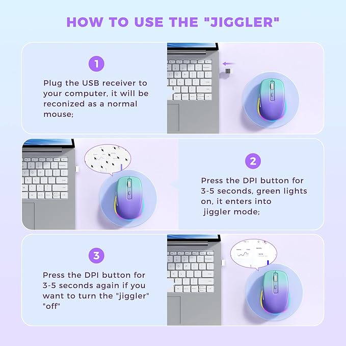PEIOUS Wireless Mouse Jiggler - LED Wireless Mice with Build-in Mouse Jiggler Mover, Rechargeable Moving Mouse for Computer with Undetectable Random Movement Keeps Computer Awake - Gradient Purple