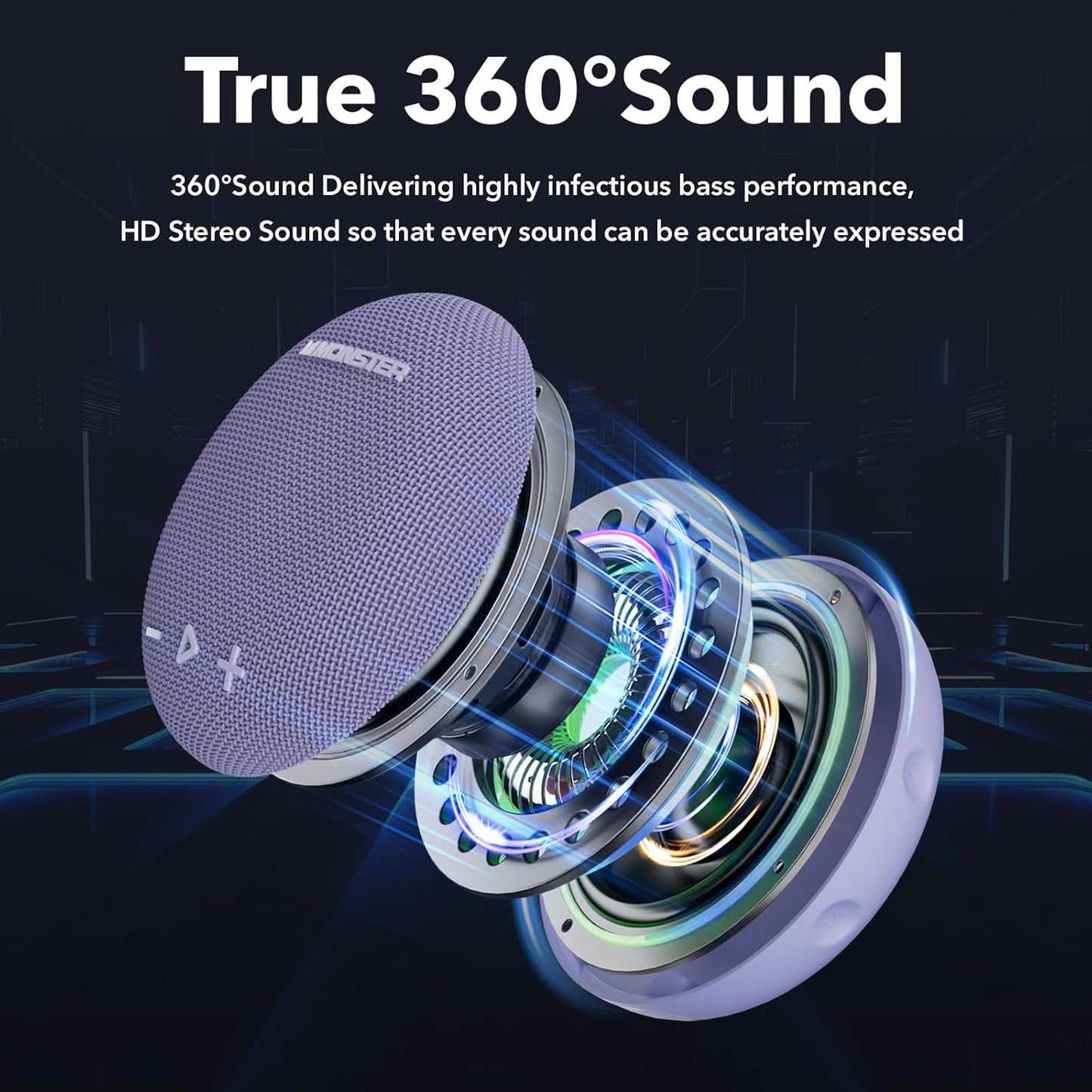 Monster Bluetooth Speaker, IPX8 Shower Speaker Waterproof, Bluetooth 5.4 with Loud HD Sound and Robust Bass, Extra Long Playtime Punchy, for Home, Beaches Portable Wireless Outdoor Speakers
