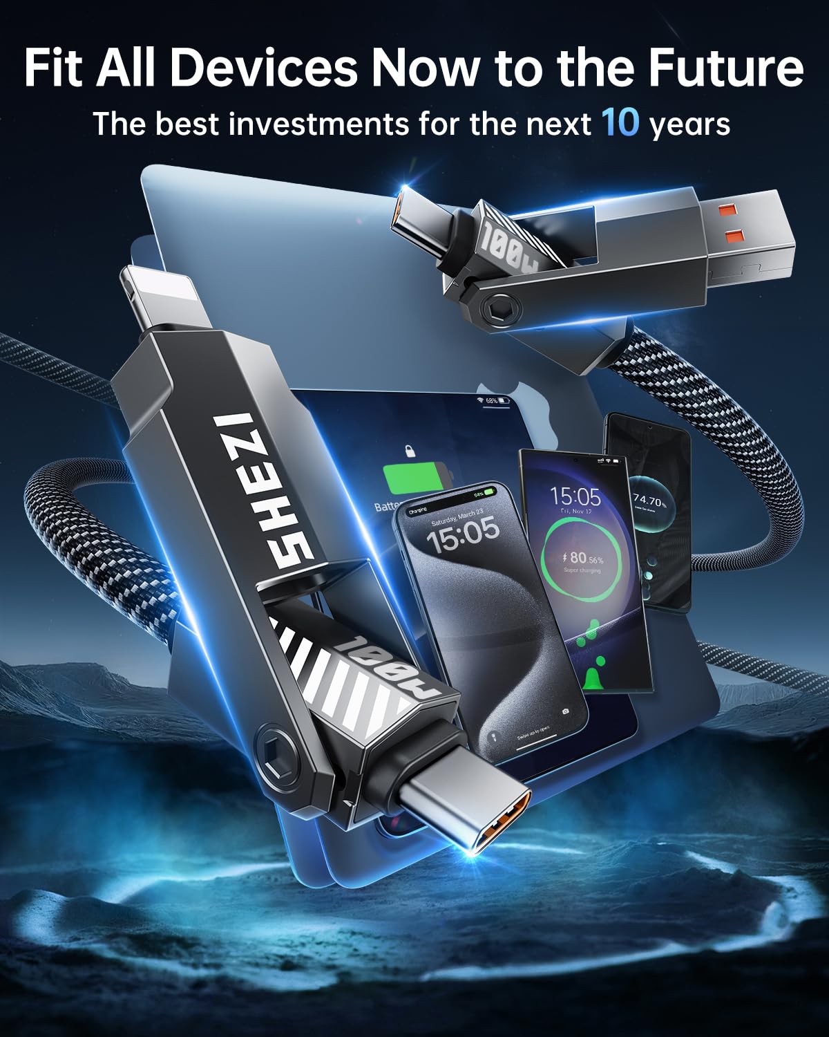 SHEZI Nylon Braided 4 in 1 USB C Cable 240W 3FT Compatible with Lightning Cable, Fast Charging for iPhone/iPad Charger Cord [480Mbps Data Sync],Multi Charging Cable with Type C/USB A, Grey