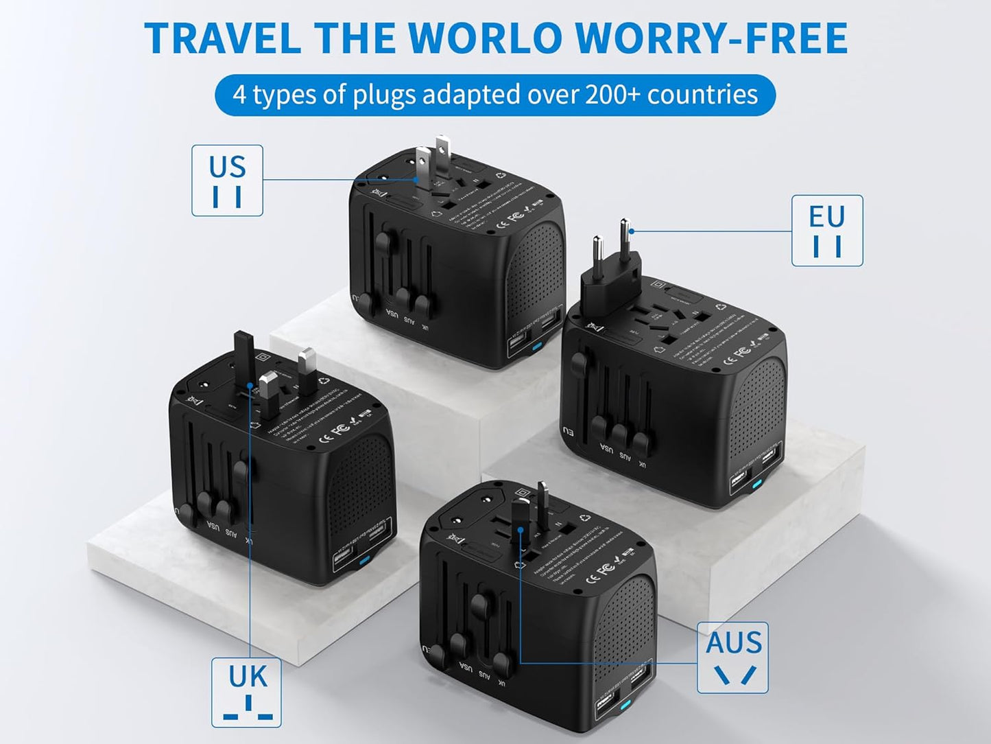 International Travel Adapter Voltage Converter Combo for 100V-240V with 2 USB Ports, USA to UK Europe Australia 200+ Countries