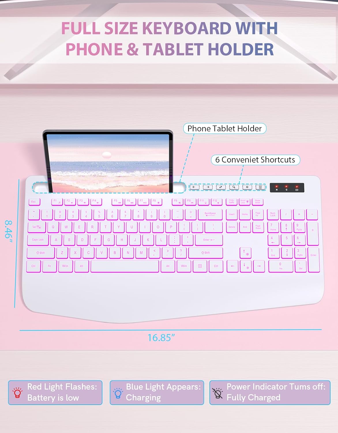 Trueque Wireless Keyboard with 7 Colored Backlits, Phone Holder, Wrist Rest, Rechargeable Ergonomic Keyboard with Silent Light Up Keys, Cordless Computer Keyboard for Windows, Mac, Laptop - (White)