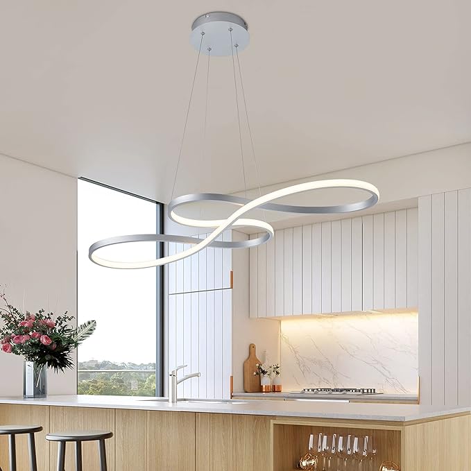 Modern LED Chandelier Dining Room Pendant Light Dimmable Creative Chandelier Remote Control Color/Brightness 3000-6000K Adjustable Hanging Lamp for Bedroom Living Room Kitchen 50W (Silver)