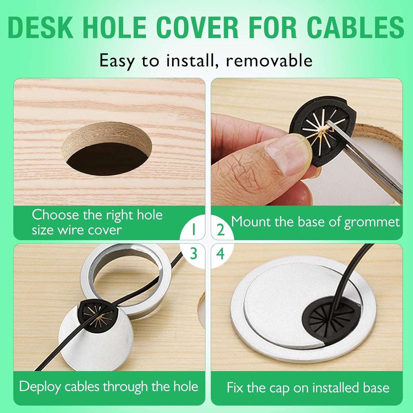 10 Pcs Desk Grommet 2-1/16" / 53 mm, Desk Cord Hole Cover, Cable Grommet ABS Plastic, Desk Hole Grommet for Home & Office Pc, Detachable Cable Cord Organizer-Silver Sand