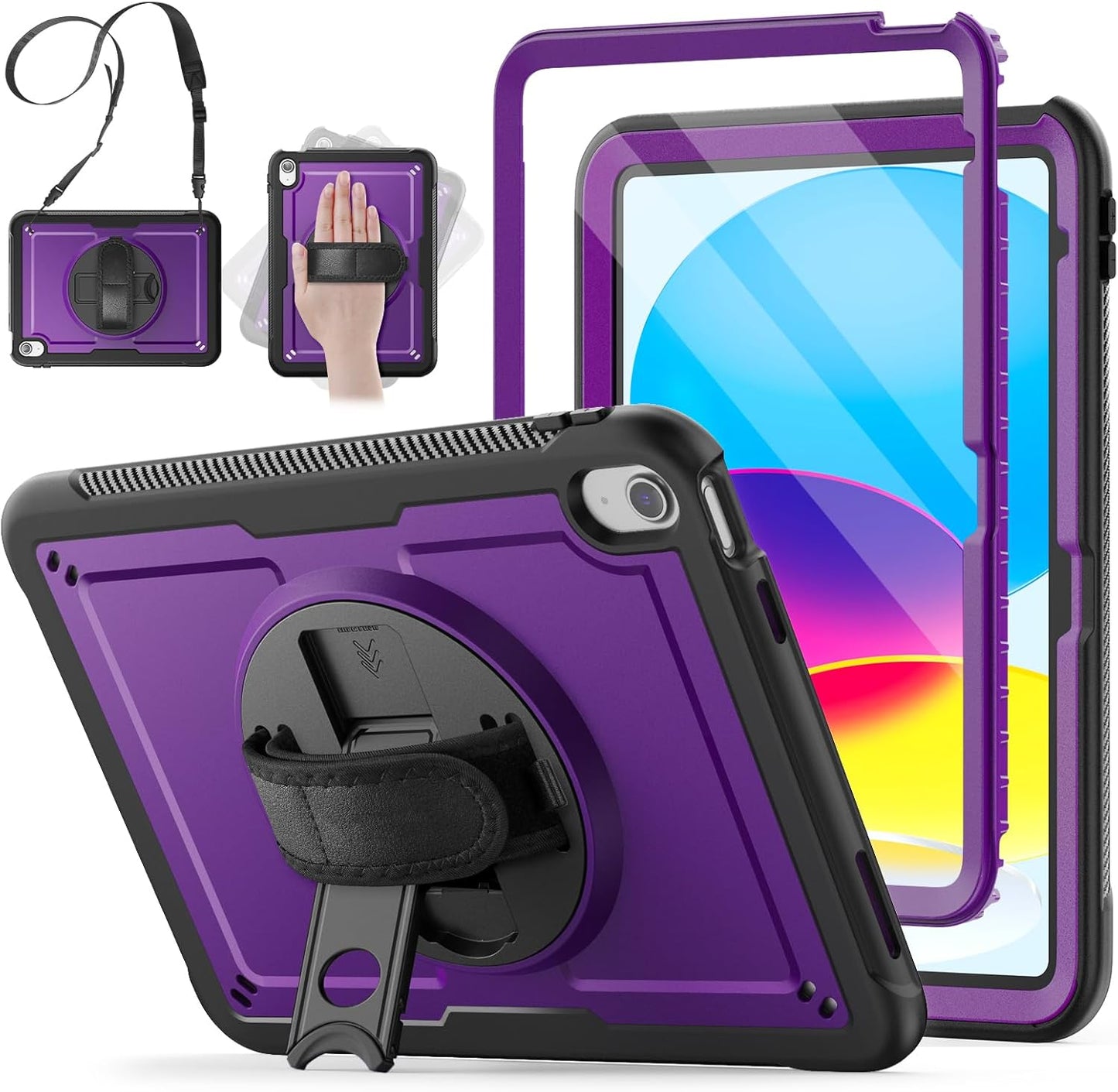 SCSVPN Case for iPad (A16) 11th Generation 11 Inch 2025 / 10th Generation 10.9 Inch 2022, Shockproof Protective Case with Screen Protector, Pencil Holder, Rotating Stand, Hand/Shoulder Strap - Purple
