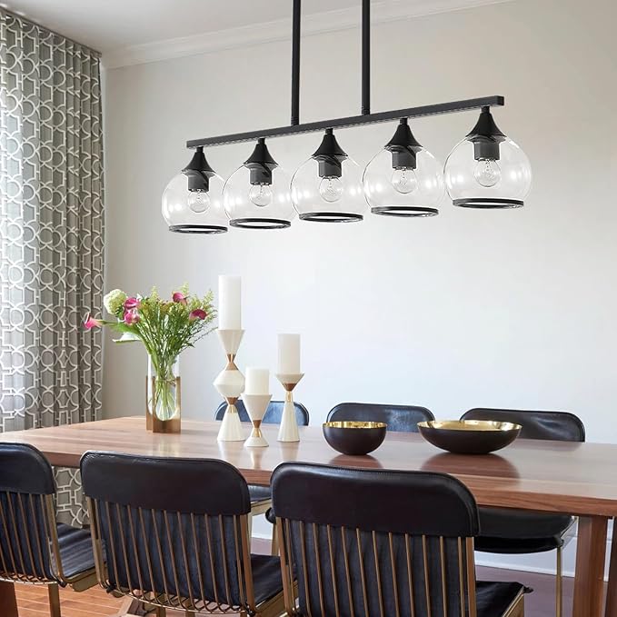 5 Light Round Linear Chandelier Black Modern Glass Hanging Light Minimalist Clear Kitchen Chandeliers Hight Adjustable for Dining Room Island Living Room (Black)