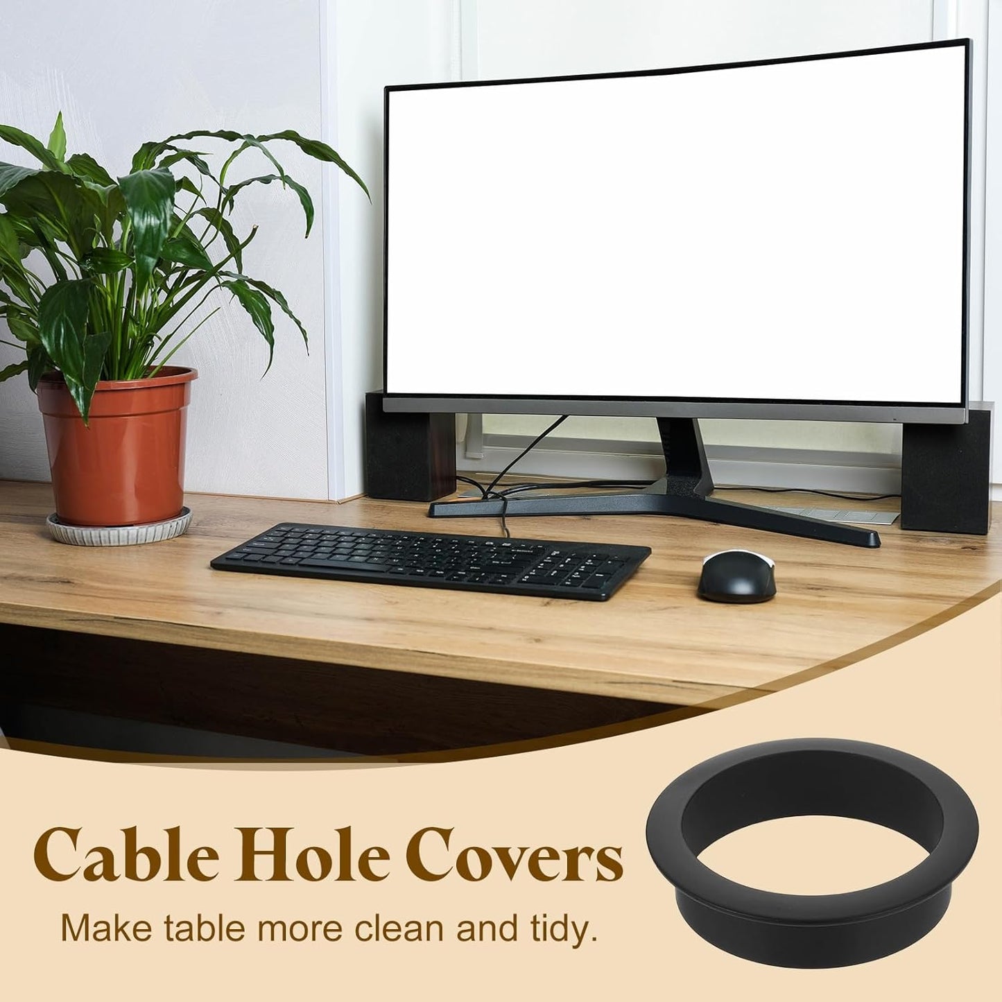 uxcell Desk Grommet, 2-3/8" (60mm) Zinc Alloy Cable Hole Cover Wire Cord Organizer with Marked Cable Ties for Home Office Desktop Wire, Black