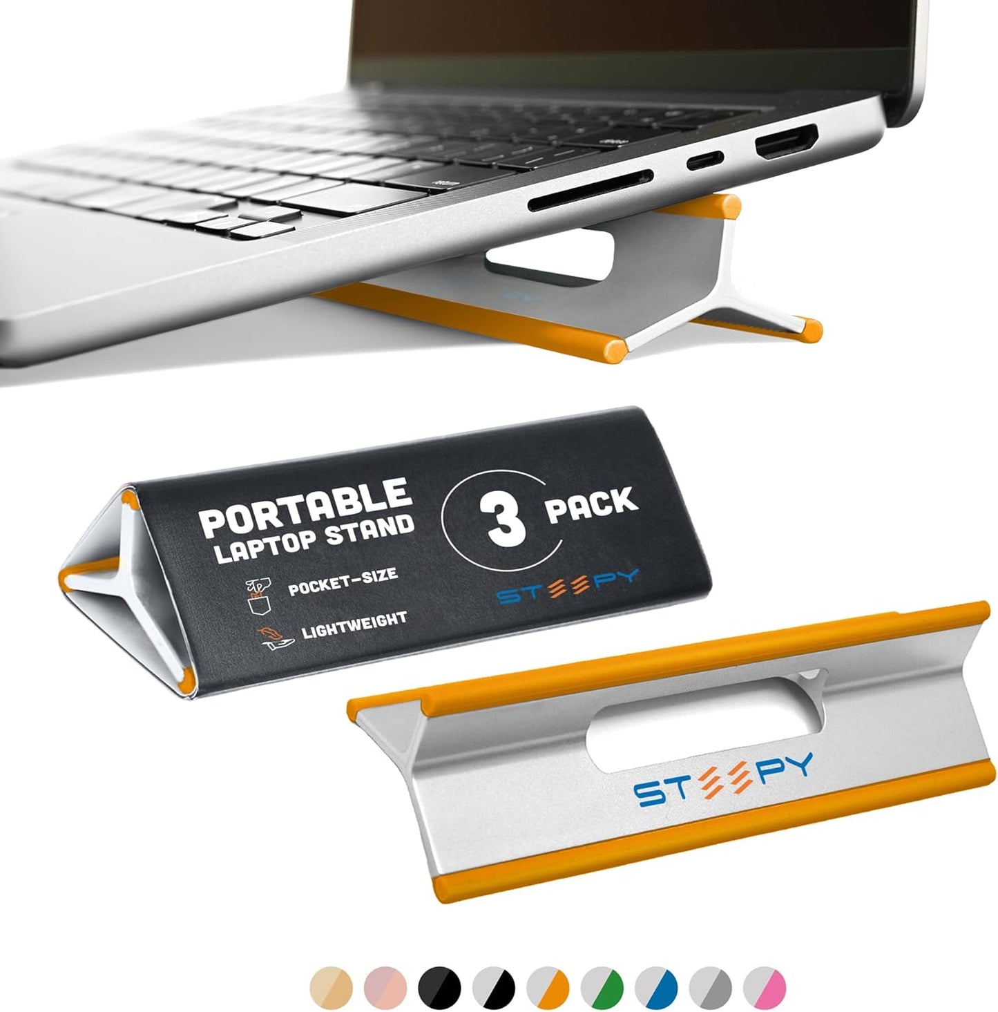 Steepy Low Profile Laptop Stand 3 Height Adjustable Computer Stand Lightweight Plastic Laptop Riser Laptop Tilt & Angle Wedge (Orange, 3 Pack)