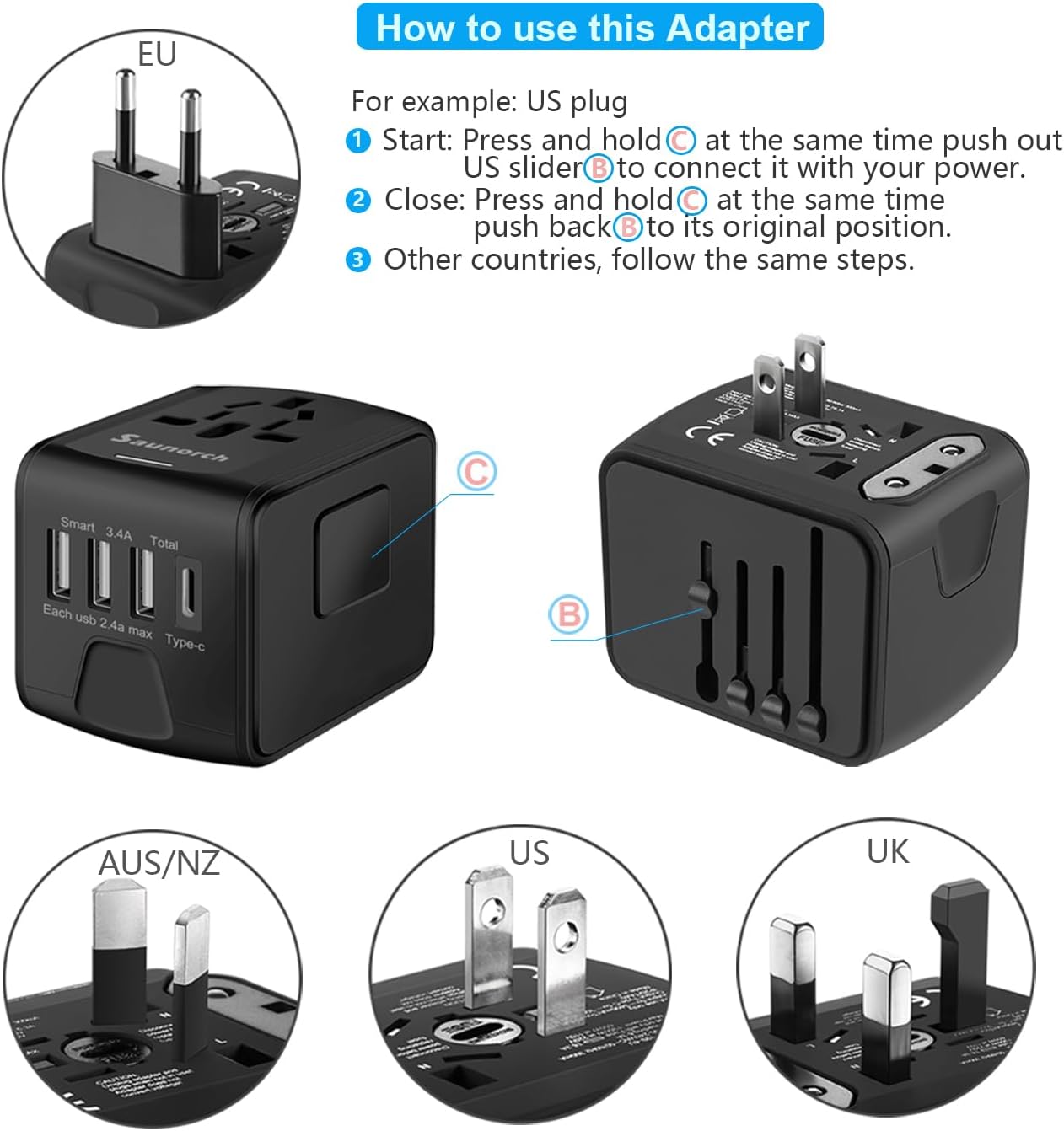 Universal International Travel Power Adapter W/High Speed 2.4A USB, 3.0A Type-C Wall Charger, European Adapter, Worldwide AC Outlet Plugs Adapters for Europe, UK, US, AU, Asia-Black