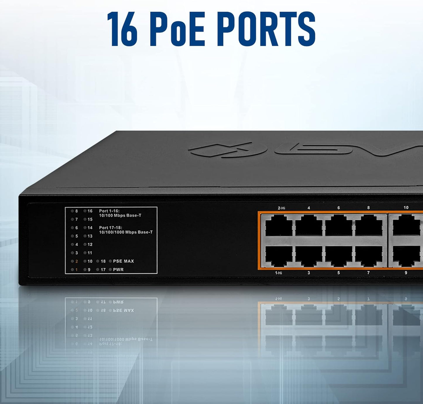 BV-Tech 18 Ports Long Range PoE+ Switch (16 PoE+ Ports | 2 Gigabit Ethernet uplink) - 19" Rackmount - 135W - 802.3af/at -Desktop Design for Easy Set Up