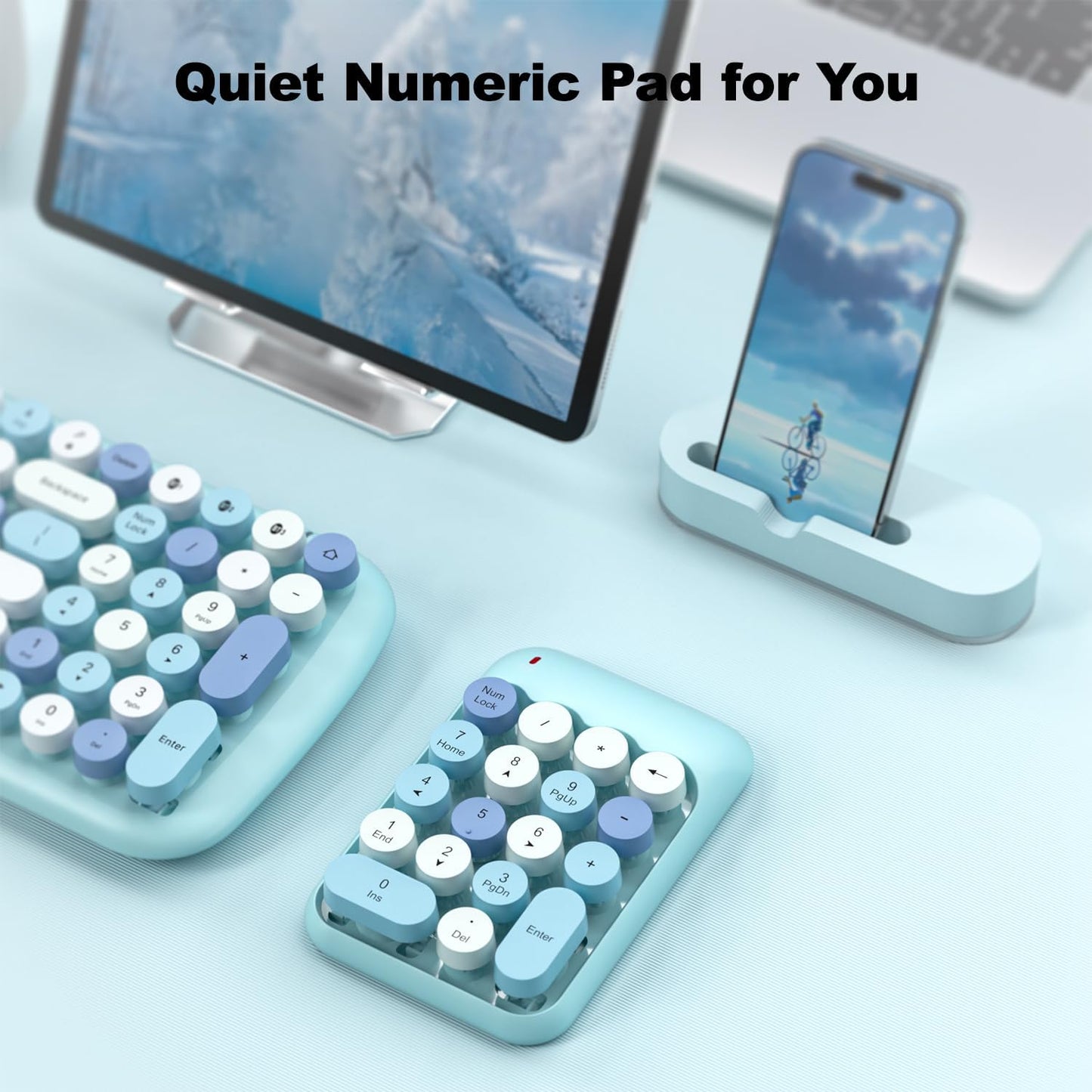 MOFII Wireless Number Pads - Blue Numeric Keypad 18 Keys USB 2.4G Round Keycap Colorful Extensions Keypads, Financial Accounting Portable Numpad 10 Key for Laptop/PC/Notebook/Surface Pro