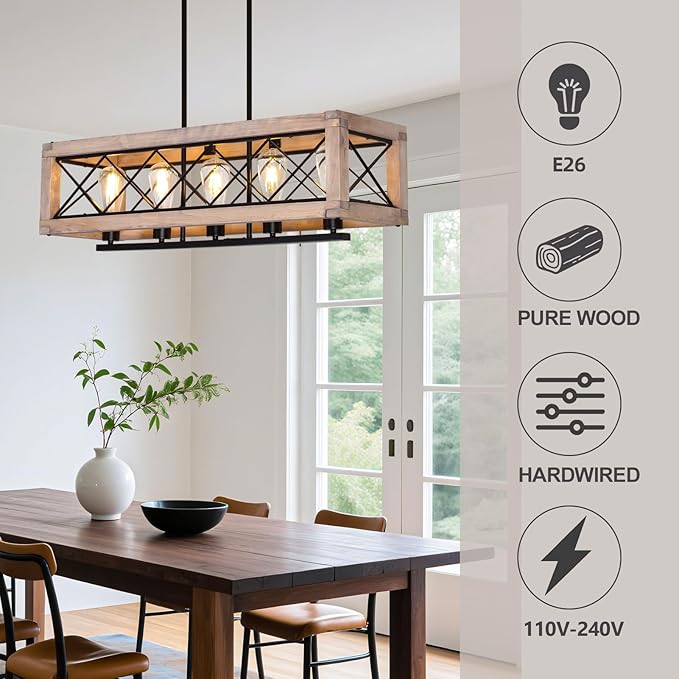 Rectangle Wood Chandelier Farmhouse Style Kitchen Pendant Lighting Over Island 5 Light 31 Inch Dining Room Light Fixture Adjustable Height Pendant Light for Dining Room Bar Pool Table.