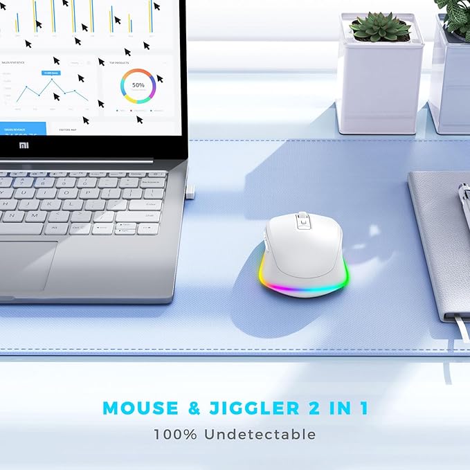 PEIOUS Mouse for Laptop Wireless - LED Wireless Mice with Build-in Jiggler Mover, Rechargeable Moving Mouse Undetectable Wiggler Keeps Computer Awake - White