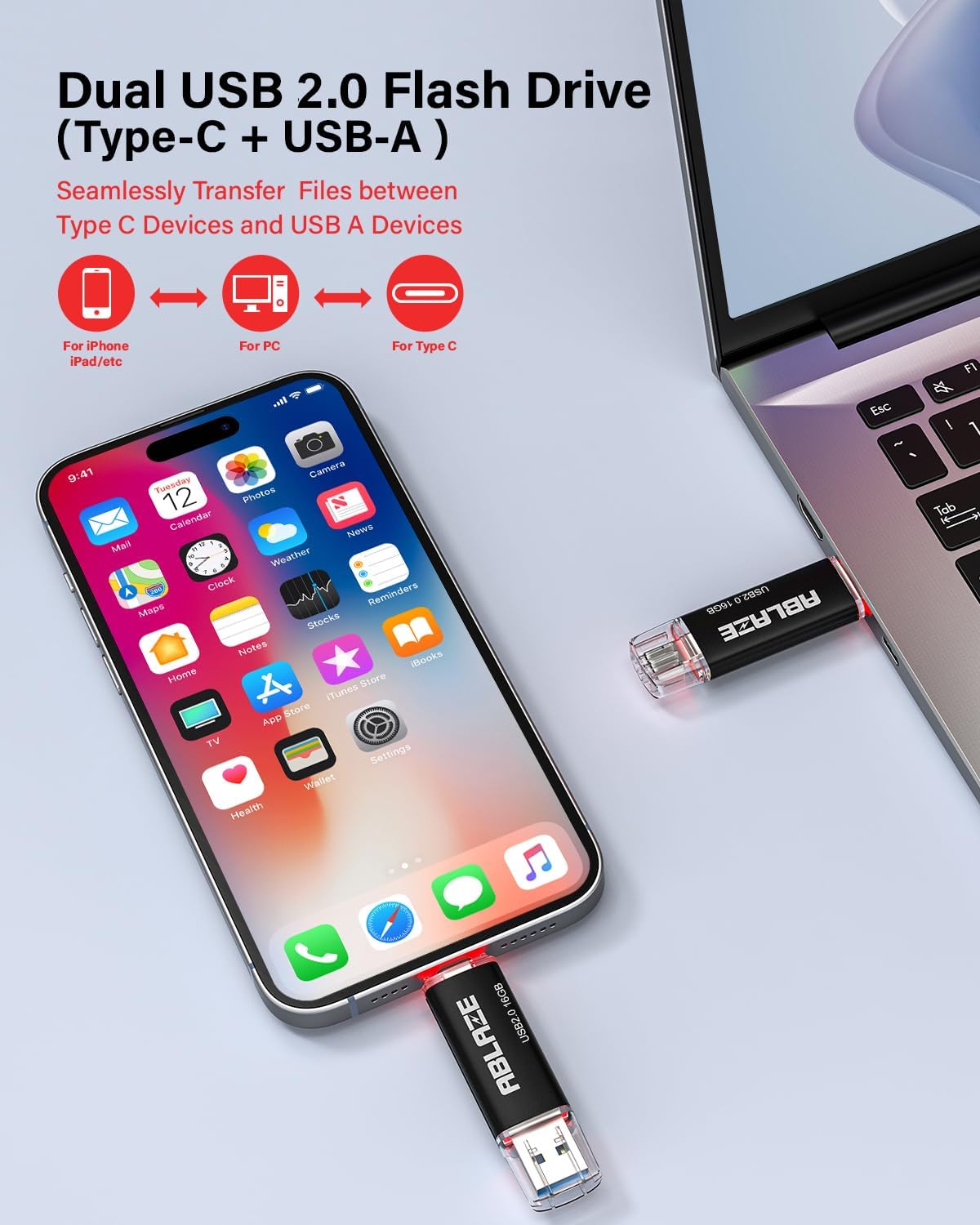 ABLAZE 16GB Type C Flash Drive 10 Pack, Dual USB 2.0+USB C Memory Stick Thumb Drive Compatible with iPhone 16/15, Android Smartphone, Computers, Tablets, Mac,iPad,PC