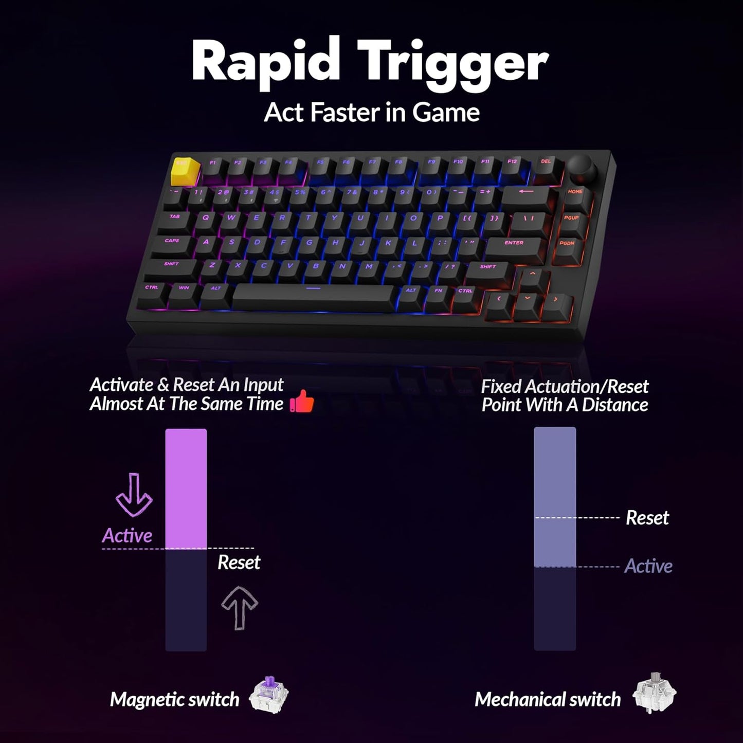 P1 HE 75% Wireless Custom Mechanical Gaming Keyboard with Gateron Double-Rail Magnetic Switches Knob Version, QMK 2.4 GHz Bluetooth 5.2 RGB Backlight Compatible with Mac Windows Linux-Black