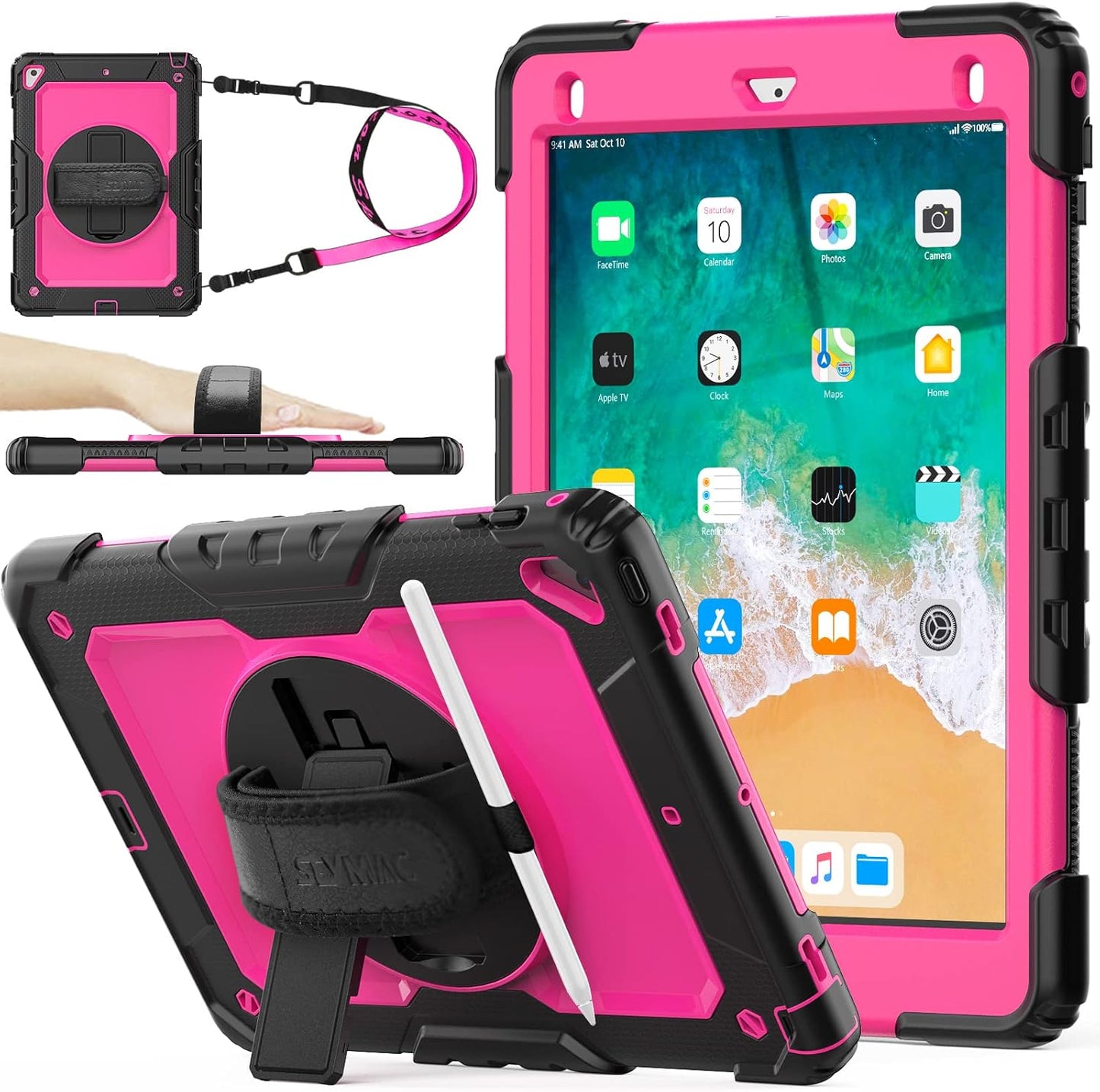 SEYMAC stock Case for iPad 6th / 5th Generation Case/Air 2 / Pro 9.7 inch, Heavy Duty Protective with Screen Protector, with Pencil Holder, Hand Strap, Shoulder Strap, 360 Rotate Stand, Pink+Black