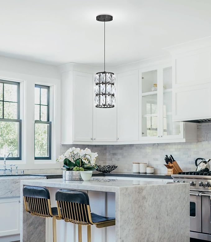 1-Lights Modern Crystal Pendant Lights for Kitchen Island LED Dimmable Glam Pendant Lighting Chandelier for Dining Room Hallway Corner Lamp Black