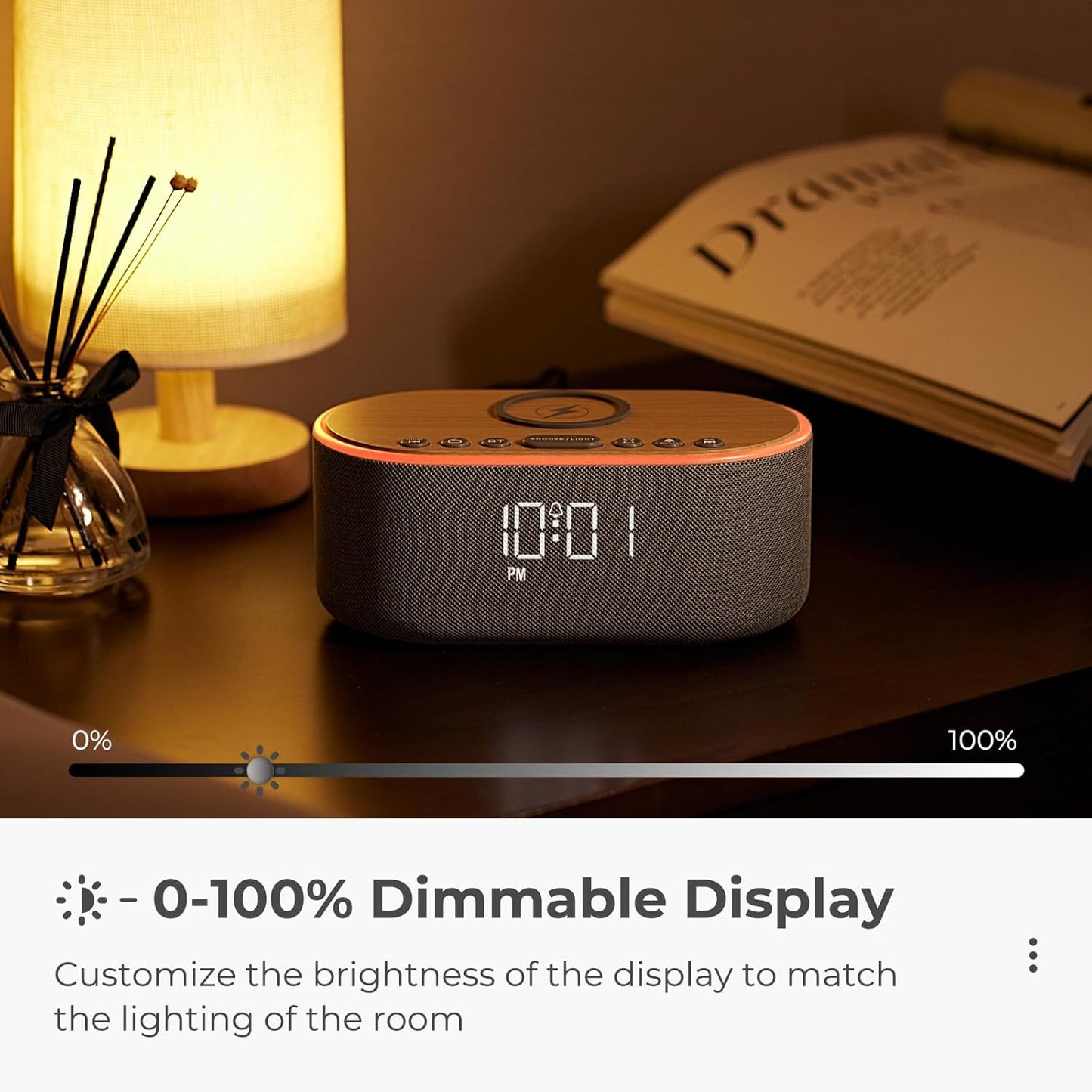 uscce Alarm Clock Bluetooth FM Radio: 10W Stereo Sound Speaker - Fast Wireless Charging for iPhone Samsung - Dimmable Clock Radio for Bedroom