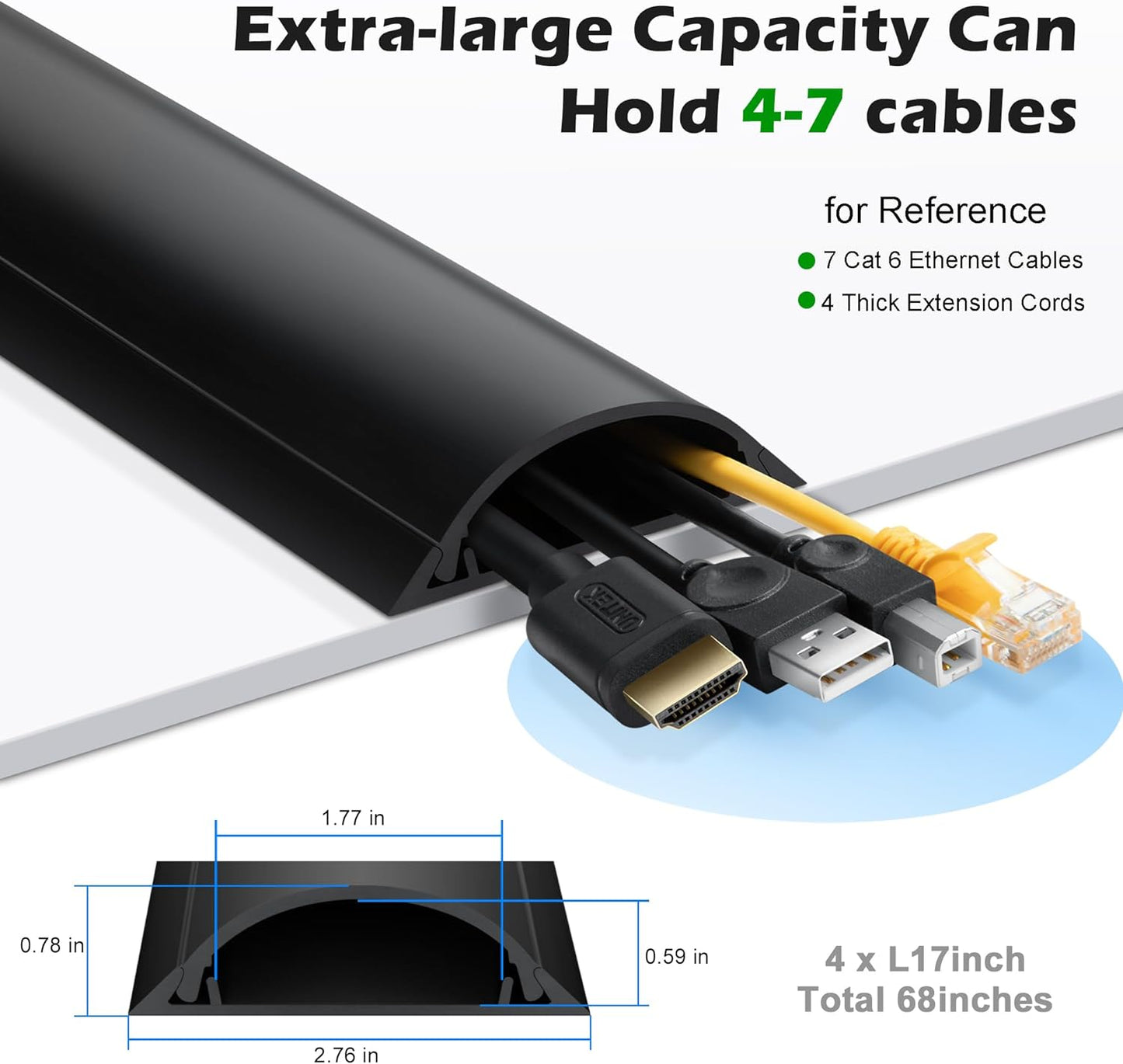 Cord Cover Floor 68in (4 x L17in), Large Capacity Floor Cable Cover, Hard PVC Cord Hider, Wire Cable Management Raceway, Black, Cord Cavity - 1.8"(W) x 0.6"(H)