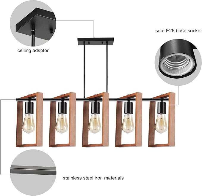 5-Light Island Lights for Kitchen, Rectangular Wood and Black Metal Kitchen Island Chandelier 41.3" Adjustable Rustic Modern Dining Room Light Fixtures Over Table, Chandeliers for Dining Room