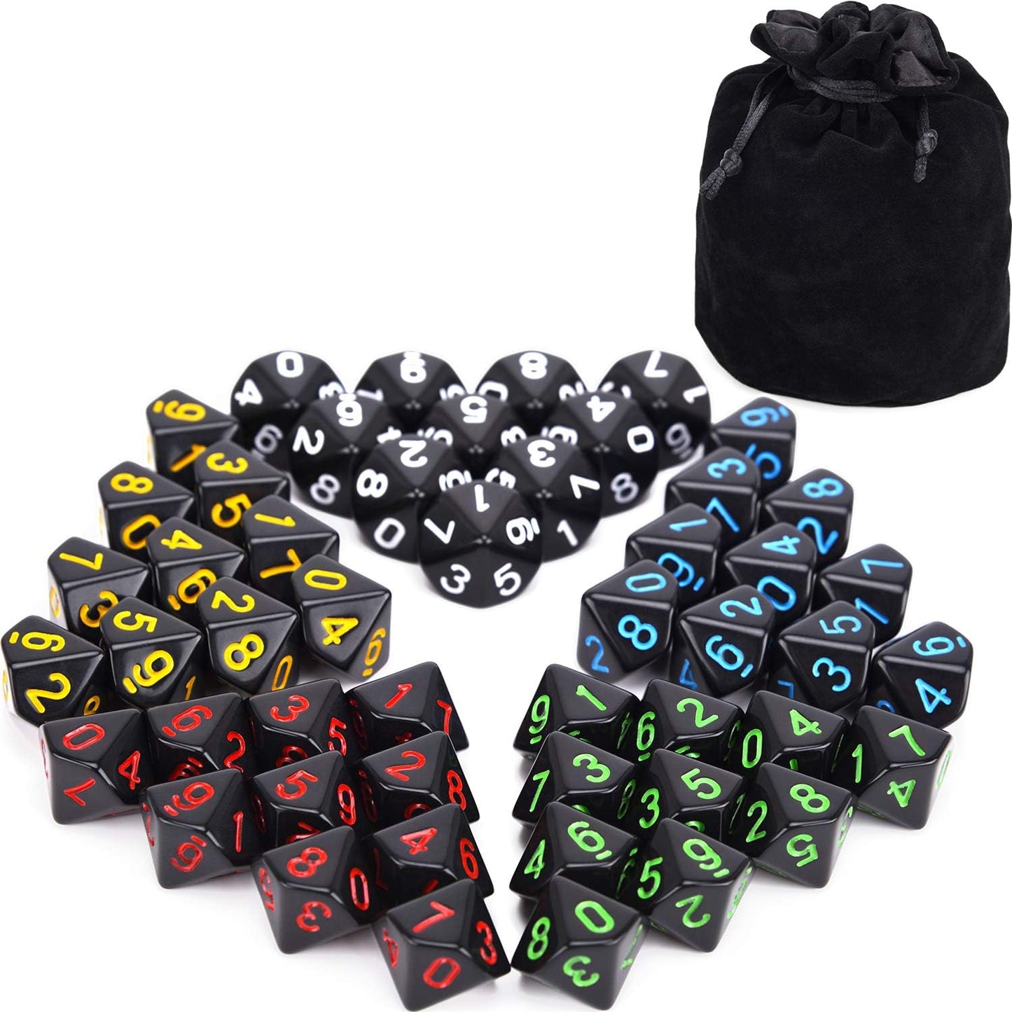50pcs Assorted D10 Opaque Black with Black Dice Bag 10 Sides Dice for Tabletop RPG World of Darkness Vampire (0-9)