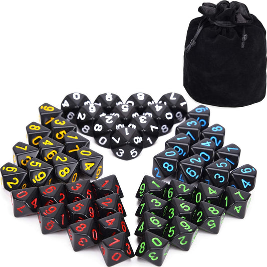 50pcs Assorted D10 Opaque Black with Black Dice Bag 10 Sides Dice for Tabletop RPG World of Darkness Vampire (0-9)